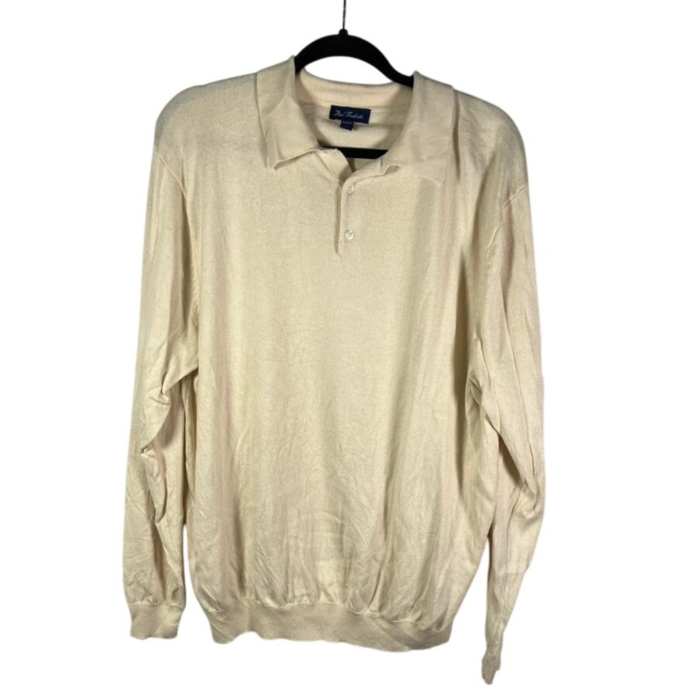 Paul Fredrick Mens XL Beige Silk Cashmere‎ Blend Long Sleeve Polo Sweater Flaw